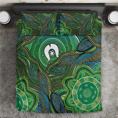 Torres Strait Islands Bedding Set Indigenous Ocean Wave Dot Green Color