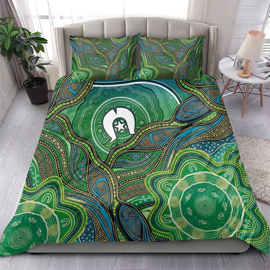 Torres Strait Islands Bedding Set Indigenous Ocean Wave Dot Green Color