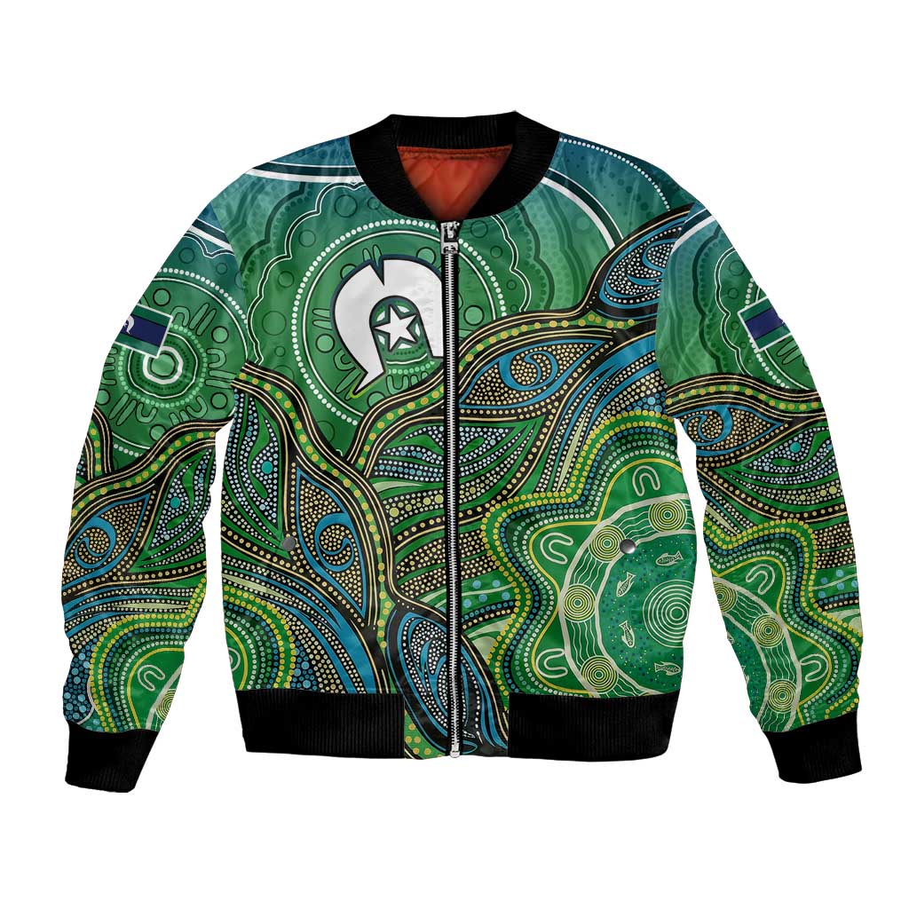 Torres Strait Islands Bomber Jacket Indigenous Ocean Wave Dot Green Color