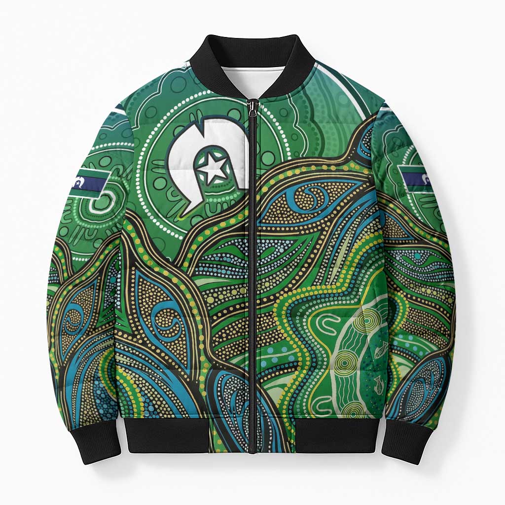 Torres Strait Islands Bomber Puffer Jacket Indigenous Ocean Wave Dot Green Color