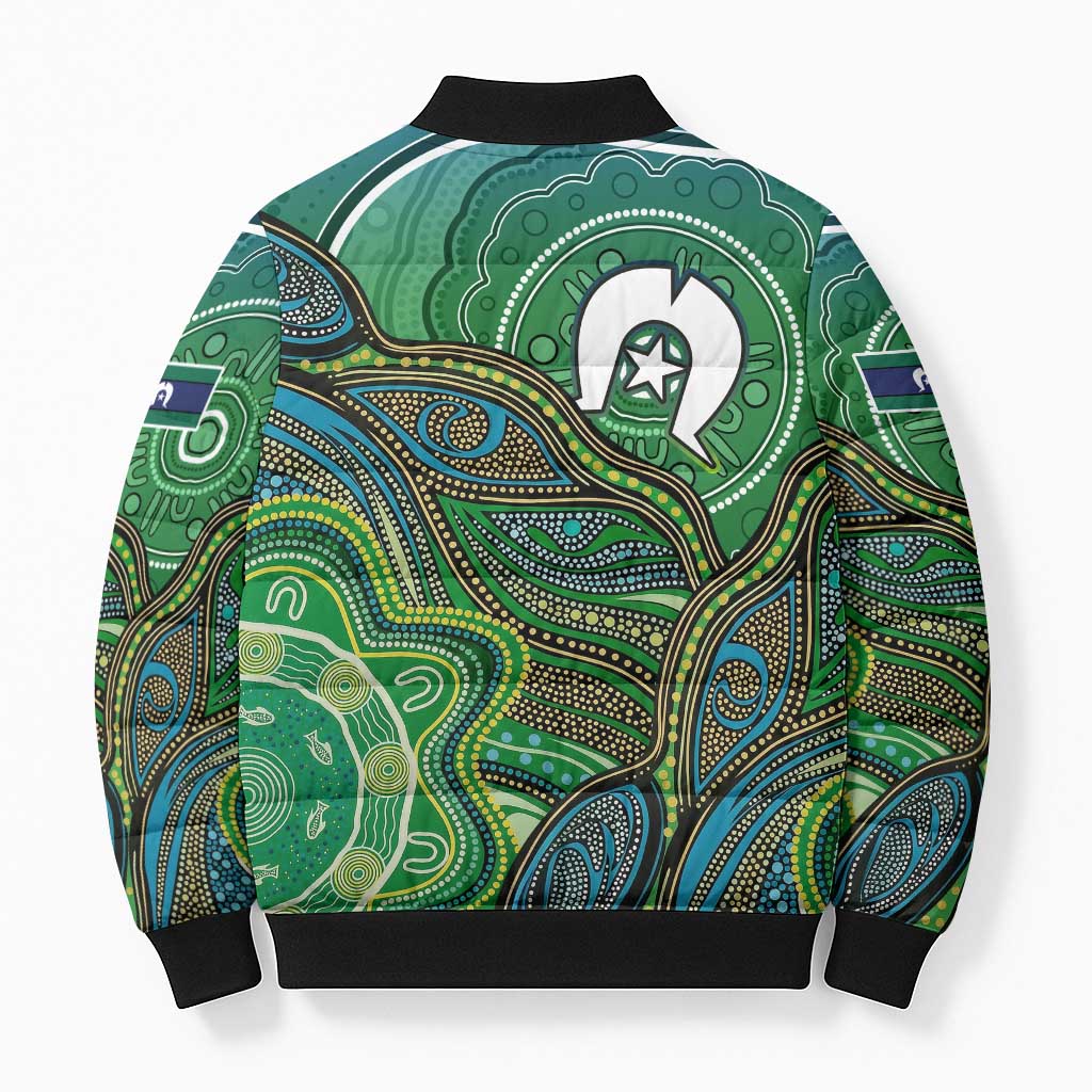 Torres Strait Islands Bomber Puffer Jacket Indigenous Ocean Wave Dot Green Color