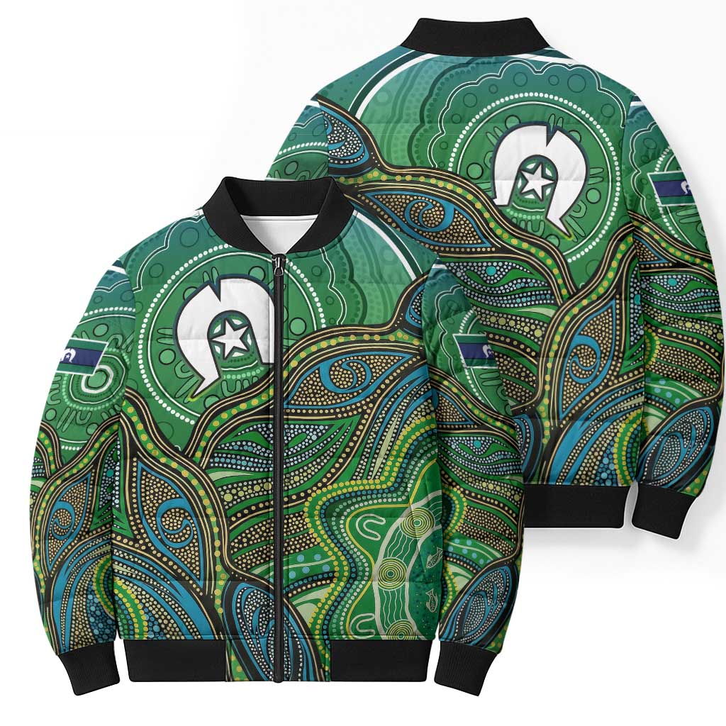 Torres Strait Islands Bomber Puffer Jacket Indigenous Ocean Wave Dot Green Color