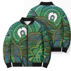 Torres Strait Islands Bomber Puffer Jacket Indigenous Ocean Wave Dot Green Color