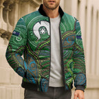 Torres Strait Islands Bomber Puffer Jacket Indigenous Ocean Wave Dot Green Color