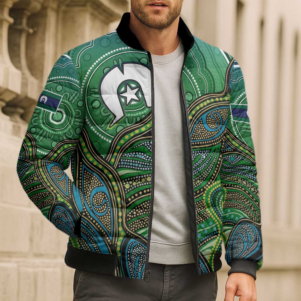 Torres Strait Islands Bomber Puffer Jacket Indigenous Ocean Wave Dot Green Color