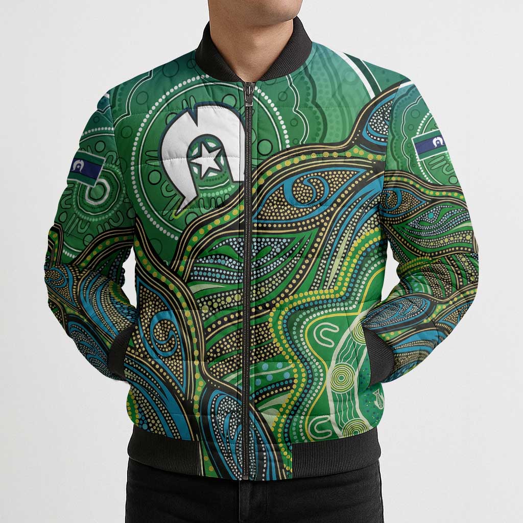 Torres Strait Islands Bomber Puffer Jacket Indigenous Ocean Wave Dot Green Color