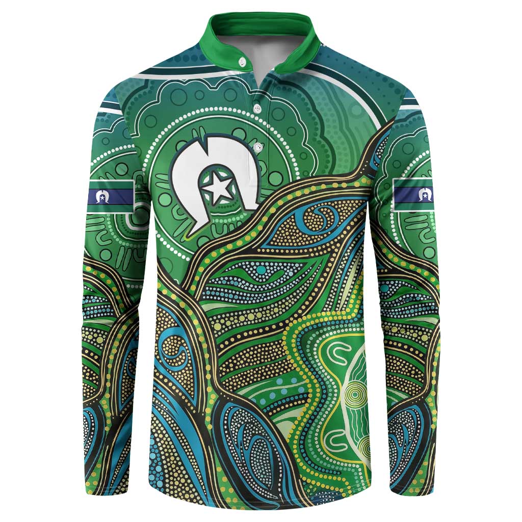 Torres Strait Islands Button Sweatshirt Indigenous Ocean Wave Dot Green Color