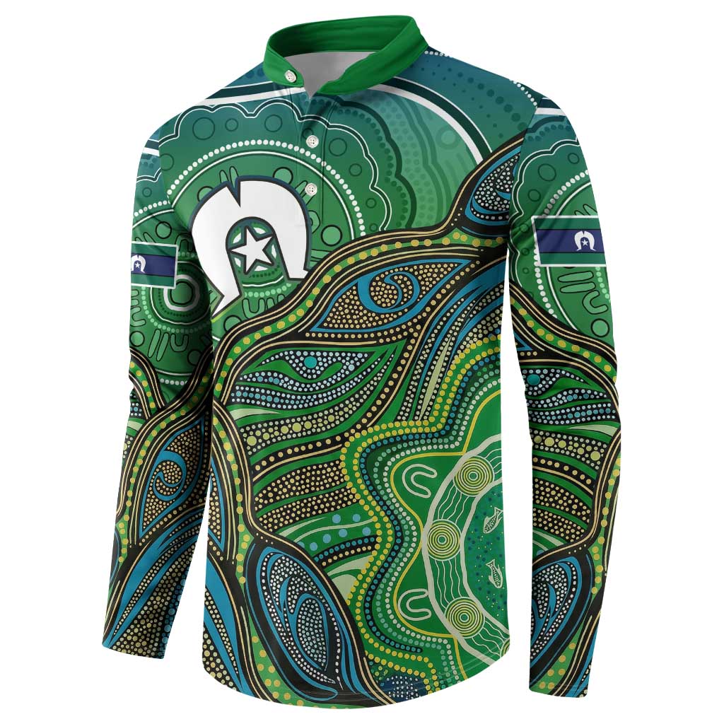 Torres Strait Islands Button Sweatshirt Indigenous Ocean Wave Dot Green Color