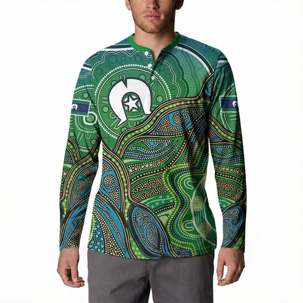 Torres Strait Islands Button Sweatshirt Indigenous Ocean Wave Dot Green Color