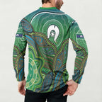 Torres Strait Islands Button Sweatshirt Indigenous Ocean Wave Dot Green Color