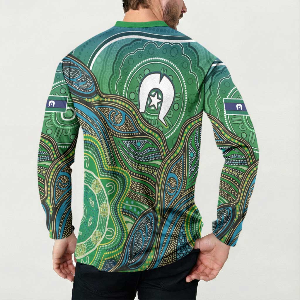 Torres Strait Islands Button Sweatshirt Indigenous Ocean Wave Dot Green Color