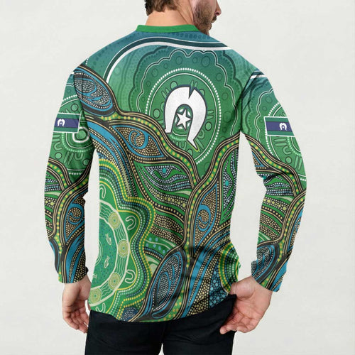 Torres Strait Islands Button Sweatshirt Indigenous Ocean Wave Dot Green Color