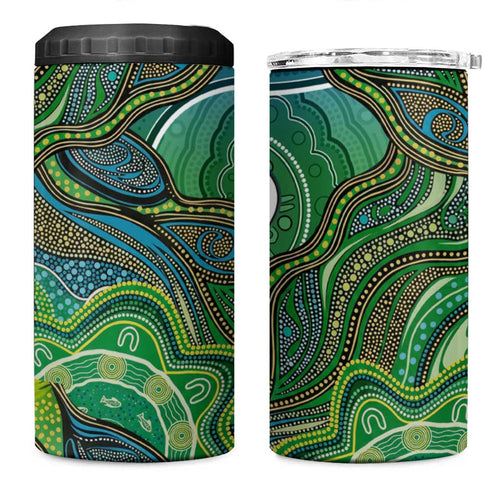 Torres Strait Islands 4 in 1 Can Cooler Tumbler Indigenous Ocean Wave Dot Green Color