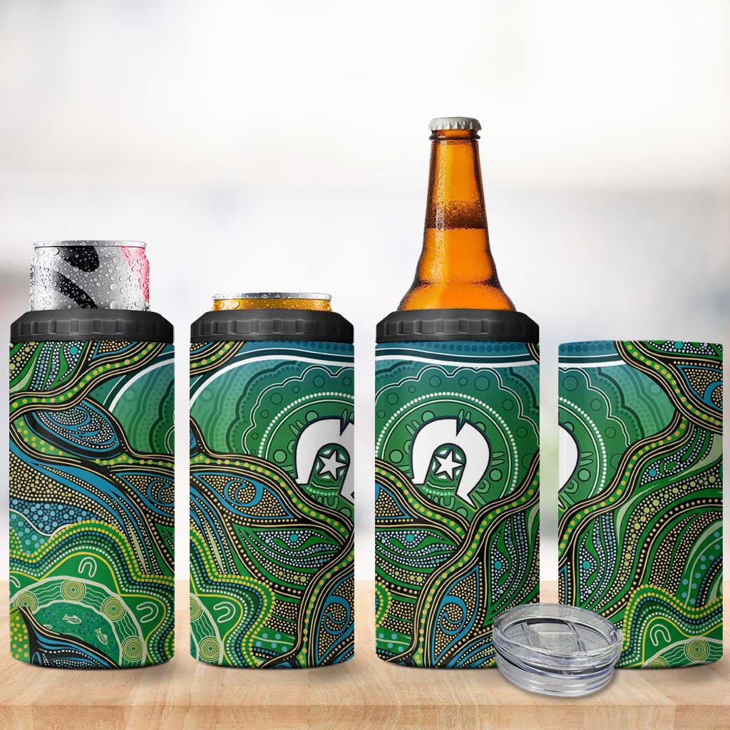 Torres Strait Islands 4 in 1 Can Cooler Tumbler Indigenous Ocean Wave Dot Green Color