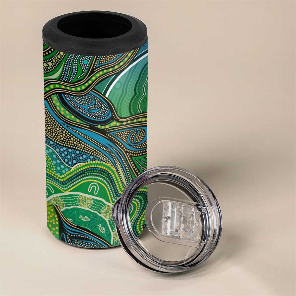 Torres Strait Islands 4 in 1 Can Cooler Tumbler Indigenous Ocean Wave Dot Green Color