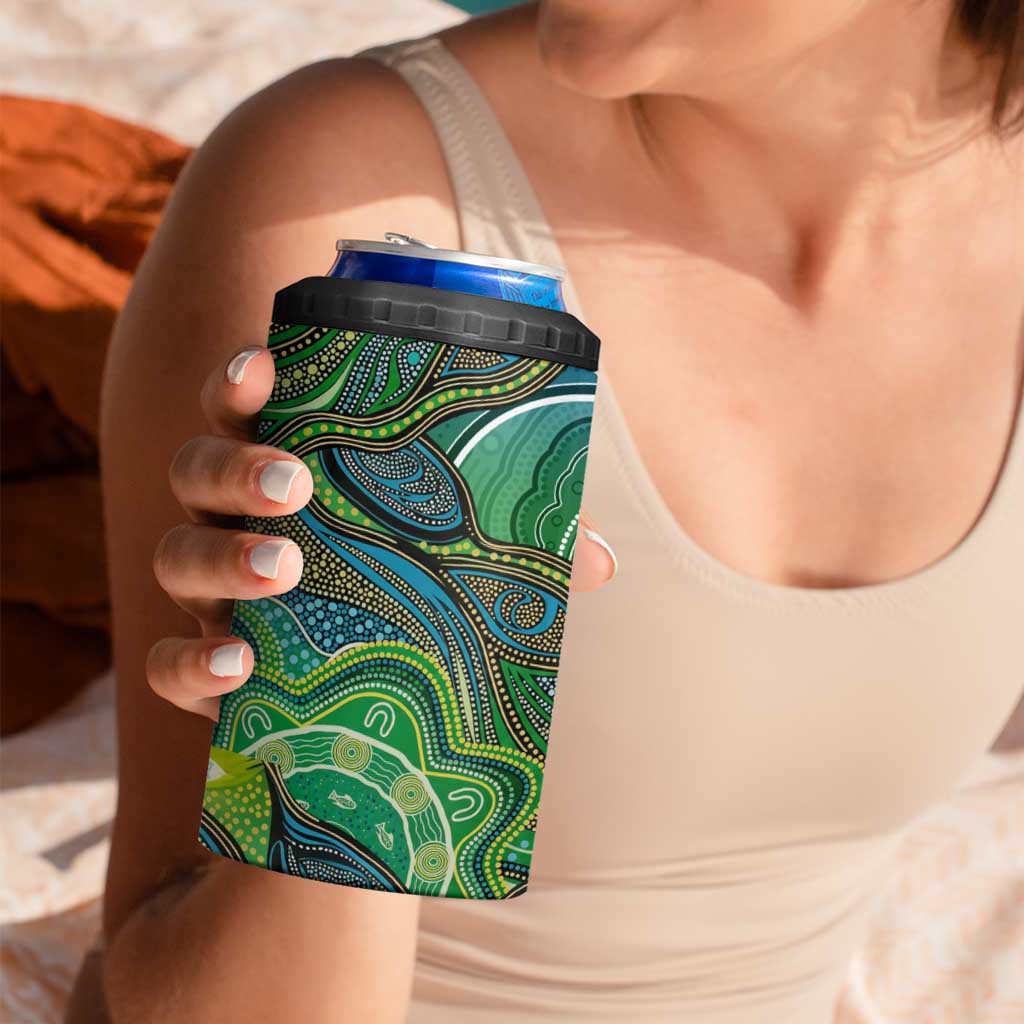 Torres Strait Islands 4 in 1 Can Cooler Tumbler Indigenous Ocean Wave Dot Green Color