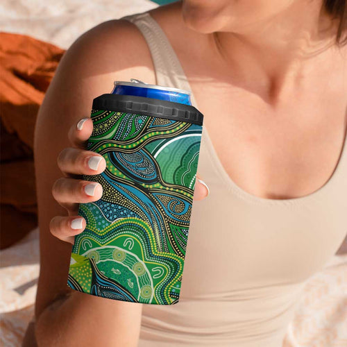 Torres Strait Islands 4 in 1 Can Cooler Tumbler Indigenous Ocean Wave Dot Green Color