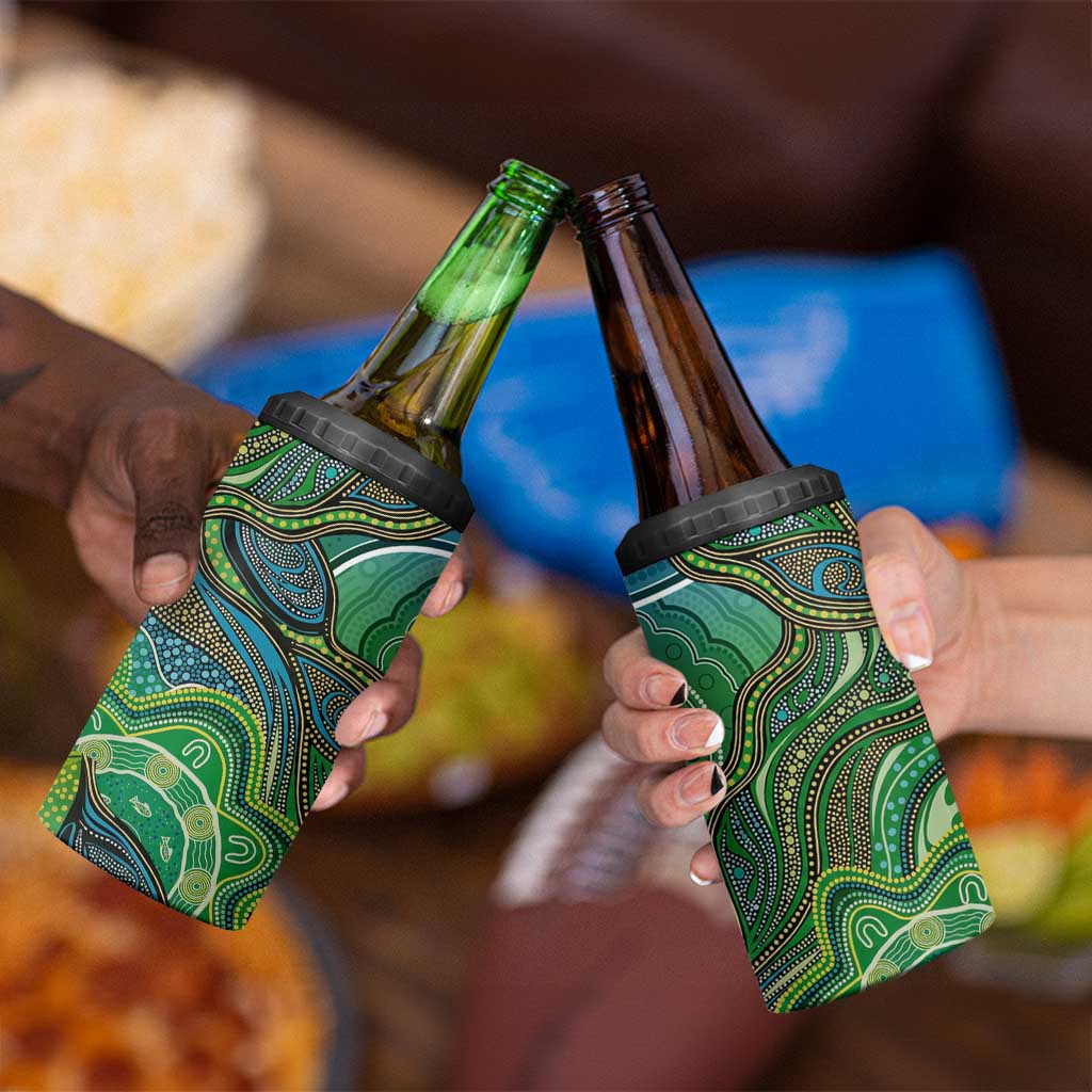 Torres Strait Islands 4 in 1 Can Cooler Tumbler Indigenous Ocean Wave Dot Green Color