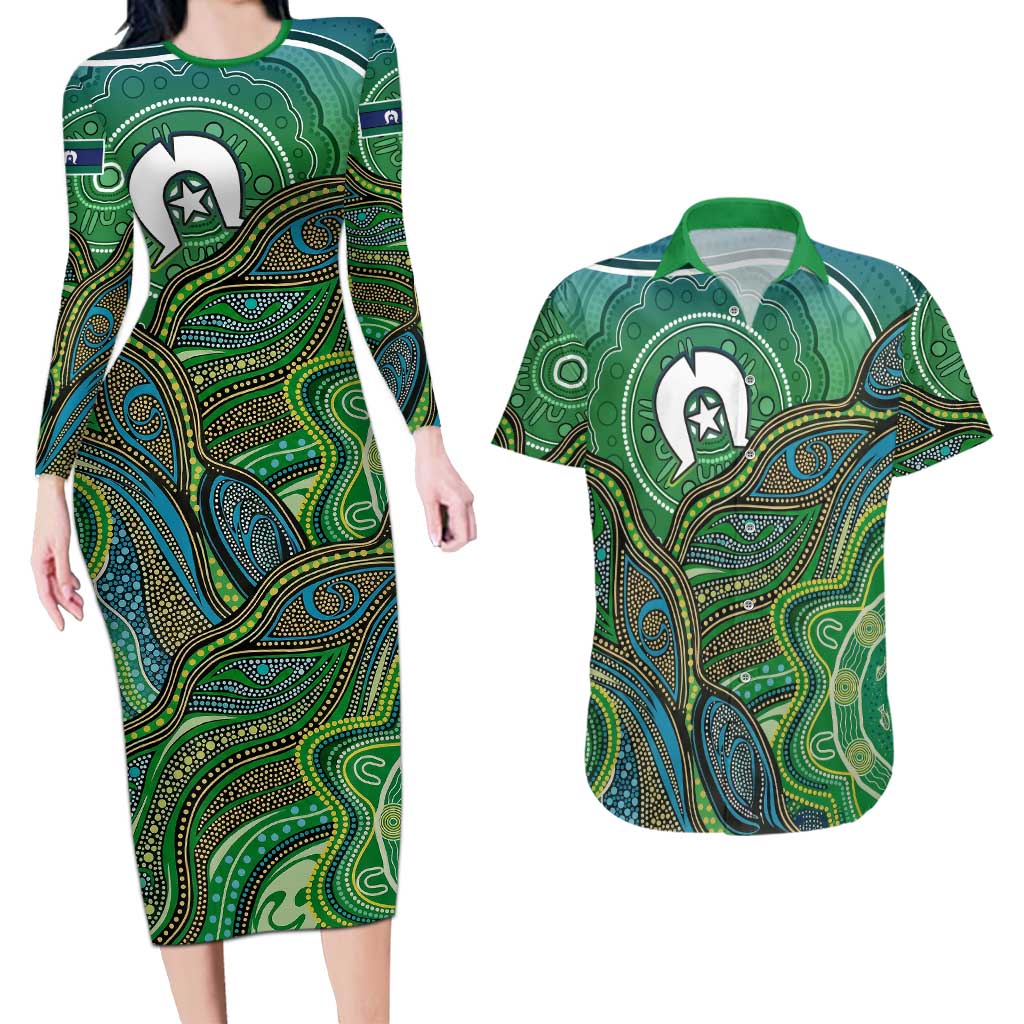 Torres Strait Islands Couples Matching Long Sleeve Bodycon Dress and Hawaiian Shirt Indigenous Ocean Wave Dot Green Color