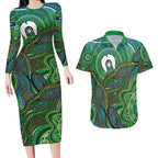 Torres Strait Islands Couples Matching Long Sleeve Bodycon Dress and Hawaiian Shirt Indigenous Ocean Wave Dot Green Color