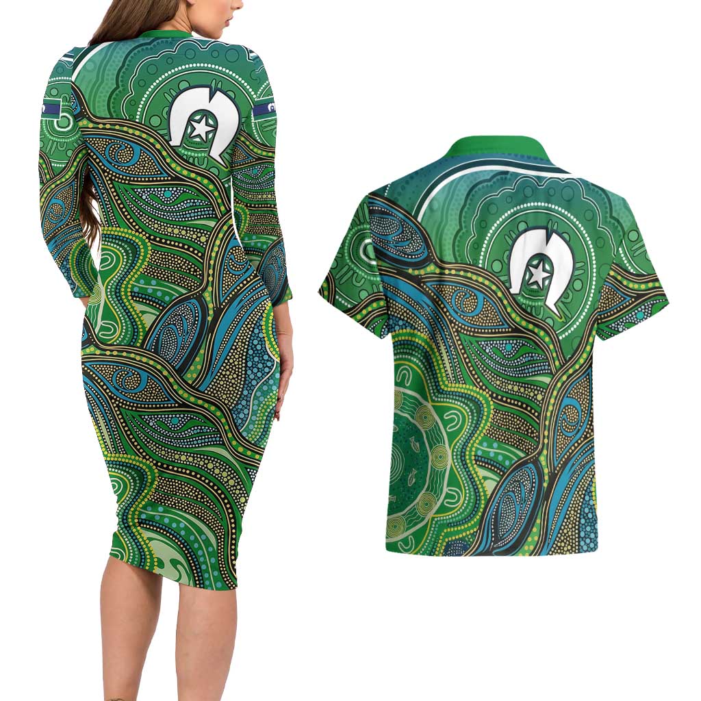 Torres Strait Islands Couples Matching Long Sleeve Bodycon Dress and Hawaiian Shirt Indigenous Ocean Wave Dot Green Color