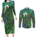 Torres Strait Islands Couples Matching Long Sleeve Bodycon Dress and Long Sleeve Button Shirt Indigenous Ocean Wave Dot Green Color