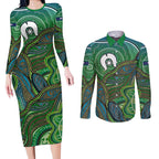 Torres Strait Islands Couples Matching Long Sleeve Bodycon Dress and Long Sleeve Button Shirt Indigenous Ocean Wave Dot Green Color