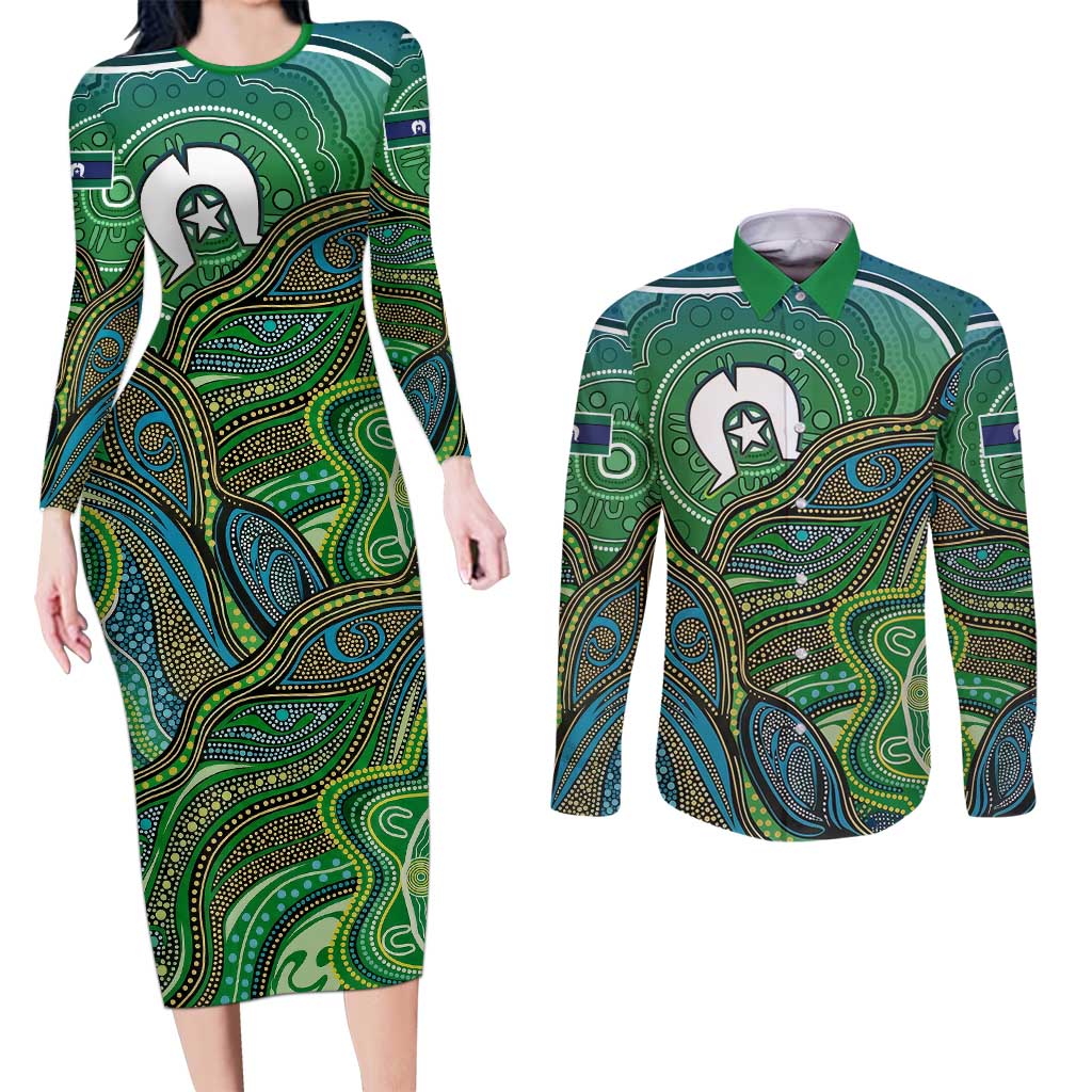 Torres Strait Islands Couples Matching Long Sleeve Bodycon Dress and Long Sleeve Button Shirt Indigenous Ocean Wave Dot Green Color