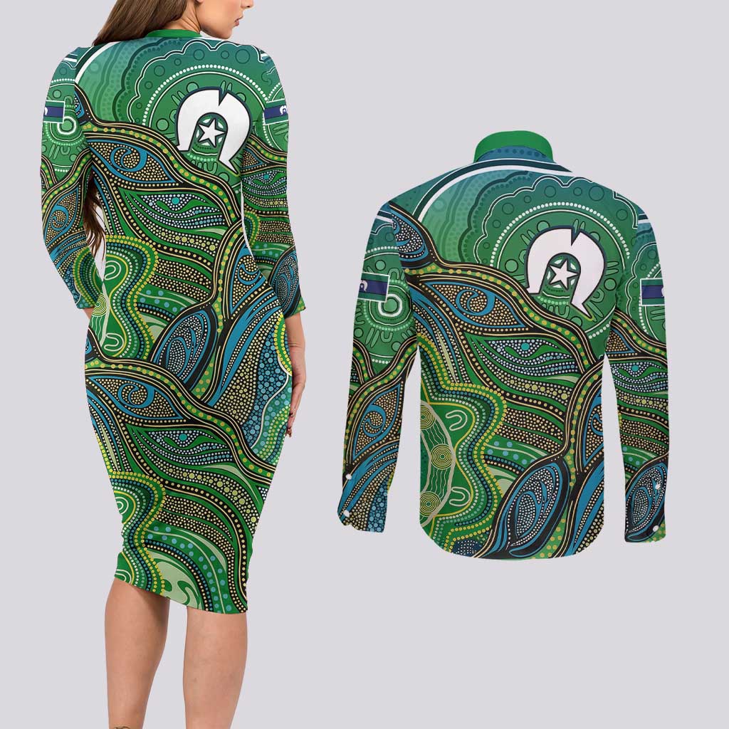Torres Strait Islands Couples Matching Long Sleeve Bodycon Dress and Long Sleeve Button Shirt Indigenous Ocean Wave Dot Green Color