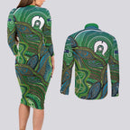 Torres Strait Islands Couples Matching Long Sleeve Bodycon Dress and Long Sleeve Button Shirt Indigenous Ocean Wave Dot Green Color