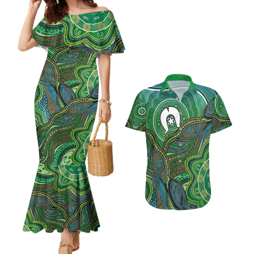 Torres Strait Islands Couples Matching Mermaid Dress and Hawaiian Shirt Indigenous Ocean Wave Dot Green Color