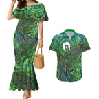 Torres Strait Islands Couples Matching Mermaid Dress and Hawaiian Shirt Indigenous Ocean Wave Dot Green Color