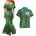 Torres Strait Islands Couples Matching Mermaid Dress and Hawaiian Shirt Indigenous Ocean Wave Dot Green Color