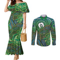 Torres Strait Islands Couples Matching Mermaid Dress and Long Sleeve Button Shirt Indigenous Ocean Wave Dot Green Color