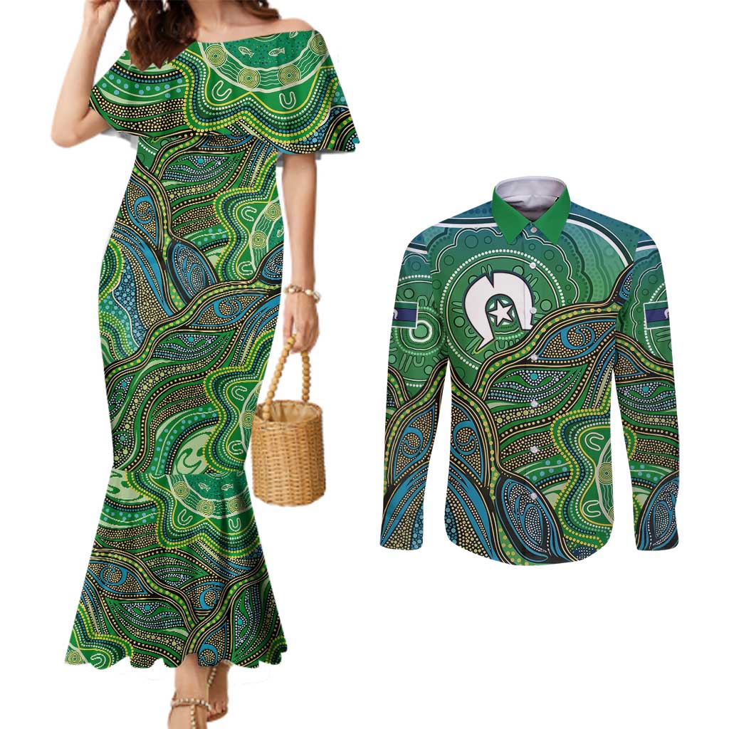 Torres Strait Islands Couples Matching Mermaid Dress and Long Sleeve Button Shirt Indigenous Ocean Wave Dot Green Color
