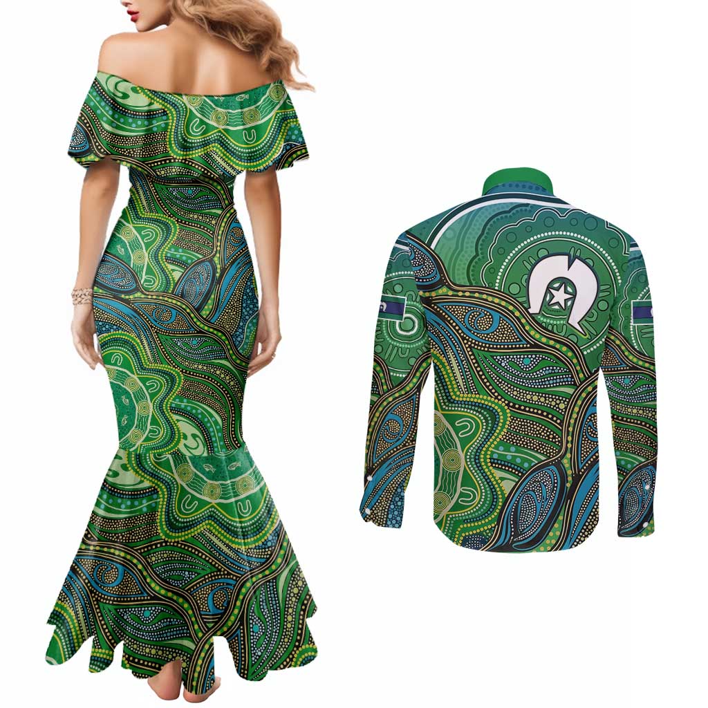 Torres Strait Islands Couples Matching Mermaid Dress and Long Sleeve Button Shirt Indigenous Ocean Wave Dot Green Color