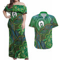 Torres Strait Islands Couples Matching Off Shoulder Maxi Dress and Hawaiian Shirt Indigenous Ocean Wave Dot Green Color