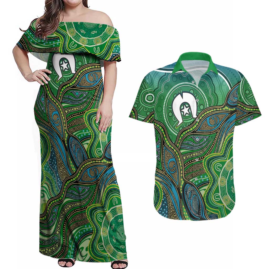 Torres Strait Islands Couples Matching Off Shoulder Maxi Dress and Hawaiian Shirt Indigenous Ocean Wave Dot Green Color