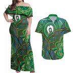 Torres Strait Islands Couples Matching Off Shoulder Maxi Dress and Hawaiian Shirt Indigenous Ocean Wave Dot Green Color