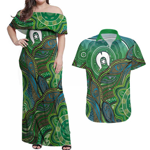 Torres Strait Islands Couples Matching Off Shoulder Maxi Dress and Hawaiian Shirt Indigenous Ocean Wave Dot Green Color