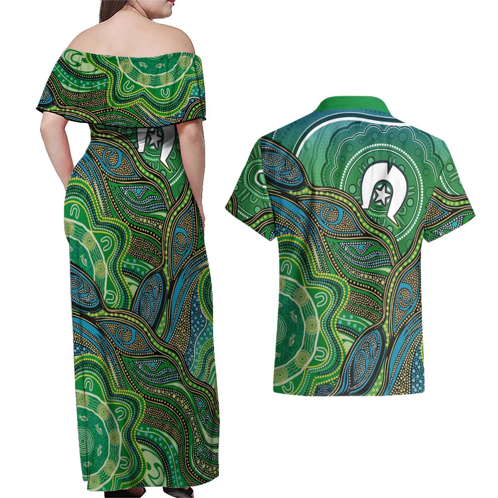Torres Strait Islands Couples Matching Off Shoulder Maxi Dress and Hawaiian Shirt Indigenous Ocean Wave Dot Green Color