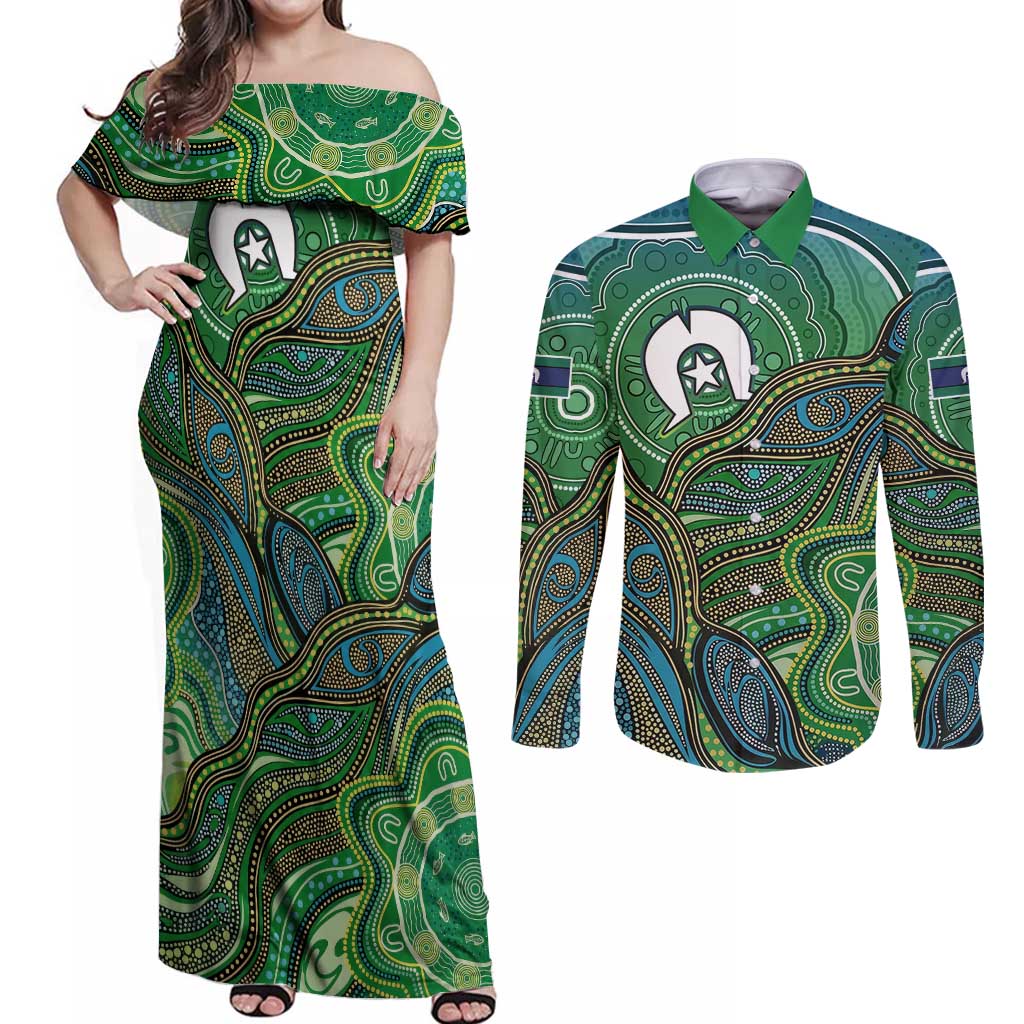 Torres Strait Islands Couples Matching Off Shoulder Maxi Dress and Long Sleeve Button Shirt Indigenous Ocean Wave Dot Green Color