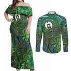 Torres Strait Islands Couples Matching Off Shoulder Maxi Dress and Long Sleeve Button Shirt Indigenous Ocean Wave Dot Green Color