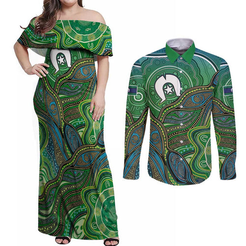 Torres Strait Islands Couples Matching Off Shoulder Maxi Dress and Long Sleeve Button Shirt Indigenous Ocean Wave Dot Green Color