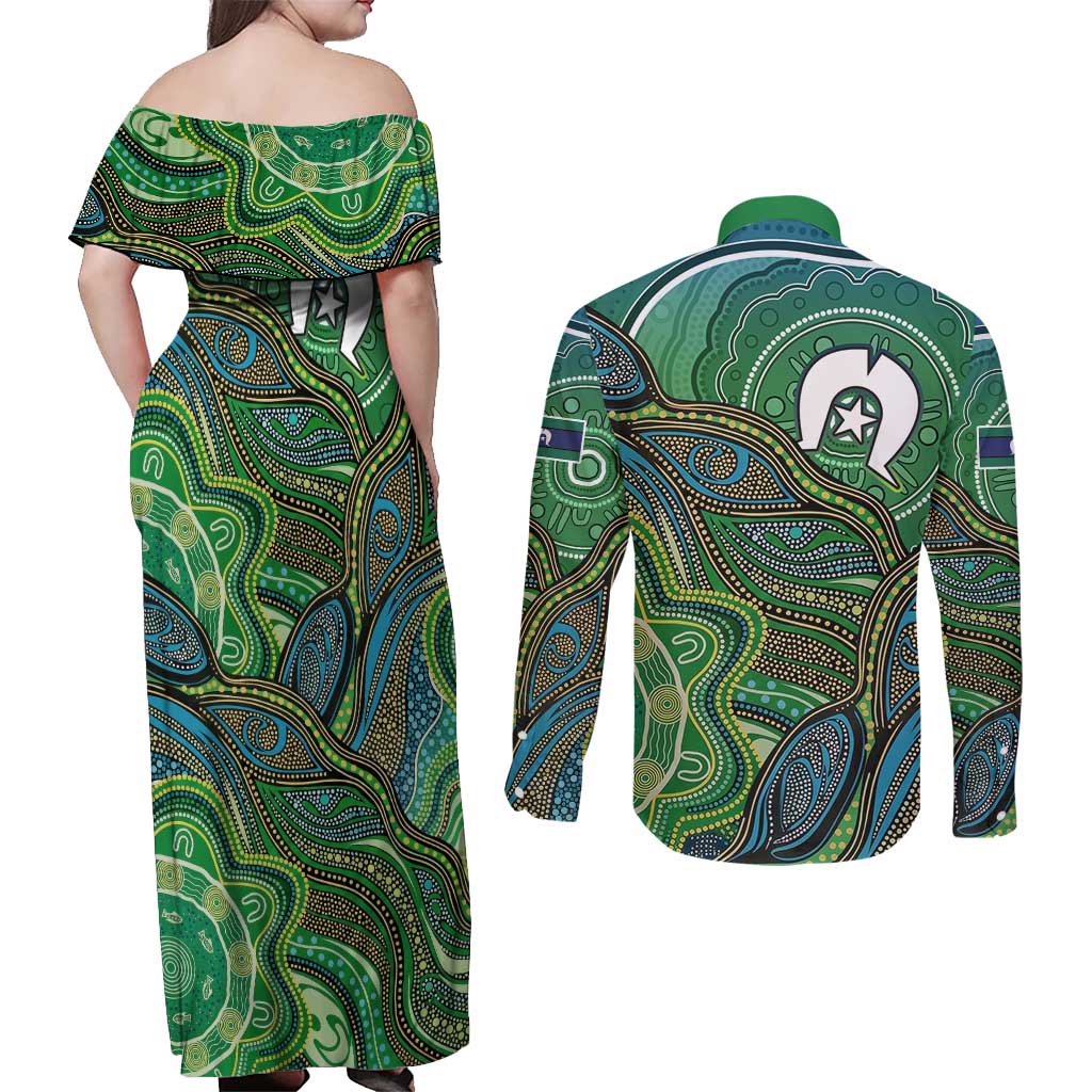 Torres Strait Islands Couples Matching Off Shoulder Maxi Dress and Long Sleeve Button Shirt Indigenous Ocean Wave Dot Green Color
