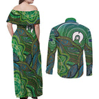 Torres Strait Islands Couples Matching Off Shoulder Maxi Dress and Long Sleeve Button Shirt Indigenous Ocean Wave Dot Green Color