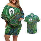 Torres Strait Islands Couples Matching Off Shoulder Short Dress and Hawaiian Shirt Indigenous Ocean Wave Dot Green Color