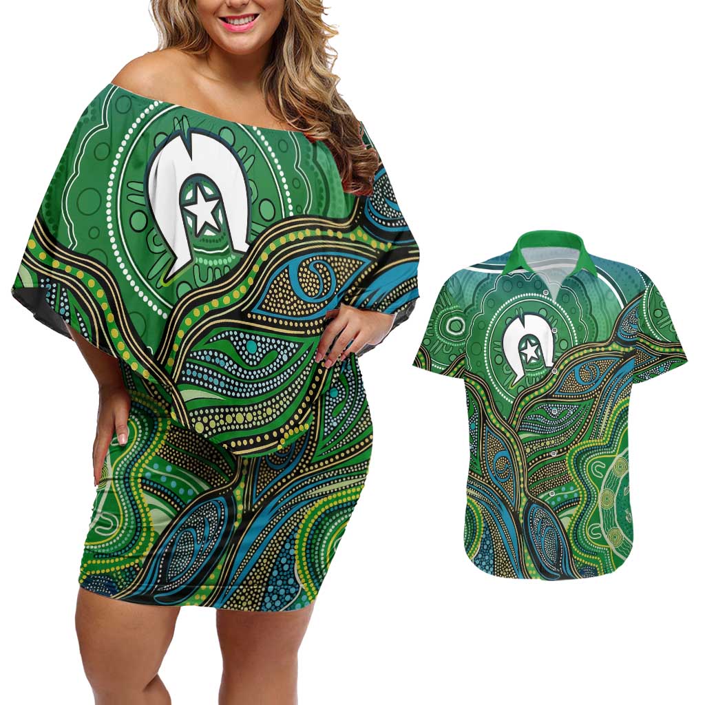 Torres Strait Islands Couples Matching Off Shoulder Short Dress and Hawaiian Shirt Indigenous Ocean Wave Dot Green Color