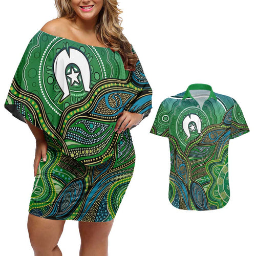 Torres Strait Islands Couples Matching Off Shoulder Short Dress and Hawaiian Shirt Indigenous Ocean Wave Dot Green Color