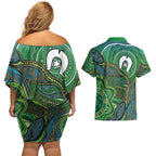 Torres Strait Islands Couples Matching Off Shoulder Short Dress and Hawaiian Shirt Indigenous Ocean Wave Dot Green Color